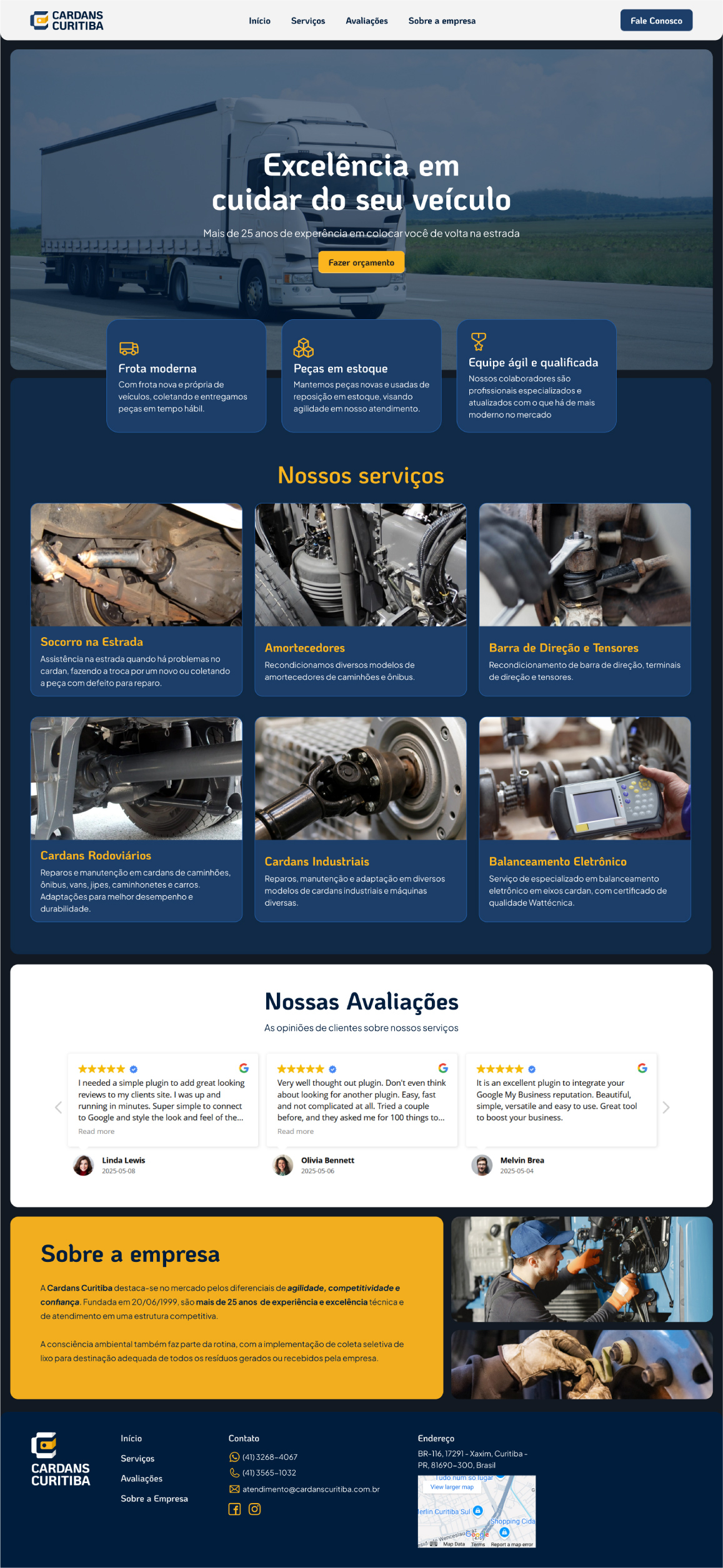 The full homepage of the Cardans Curitiba website is displayed. The page starts with the main banner featuring a truck and the headline 'Excellence in caring for your vehicle'. Below the banner, three blue feature boxes with yellow icons highlight the company's strengths. The following section is 'Our Services', which displays six modules with images and titles; 'Our Reviews, which shows a carousel of three Google customer testimonials; and a large orange section titled 'About the company' with a brief description and a photo of a mechanic working on a vehicle.