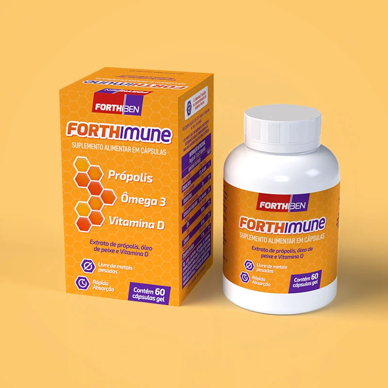 A white bottle and orange box of 'FORTHimune'' dietary capsules, set on yellow background