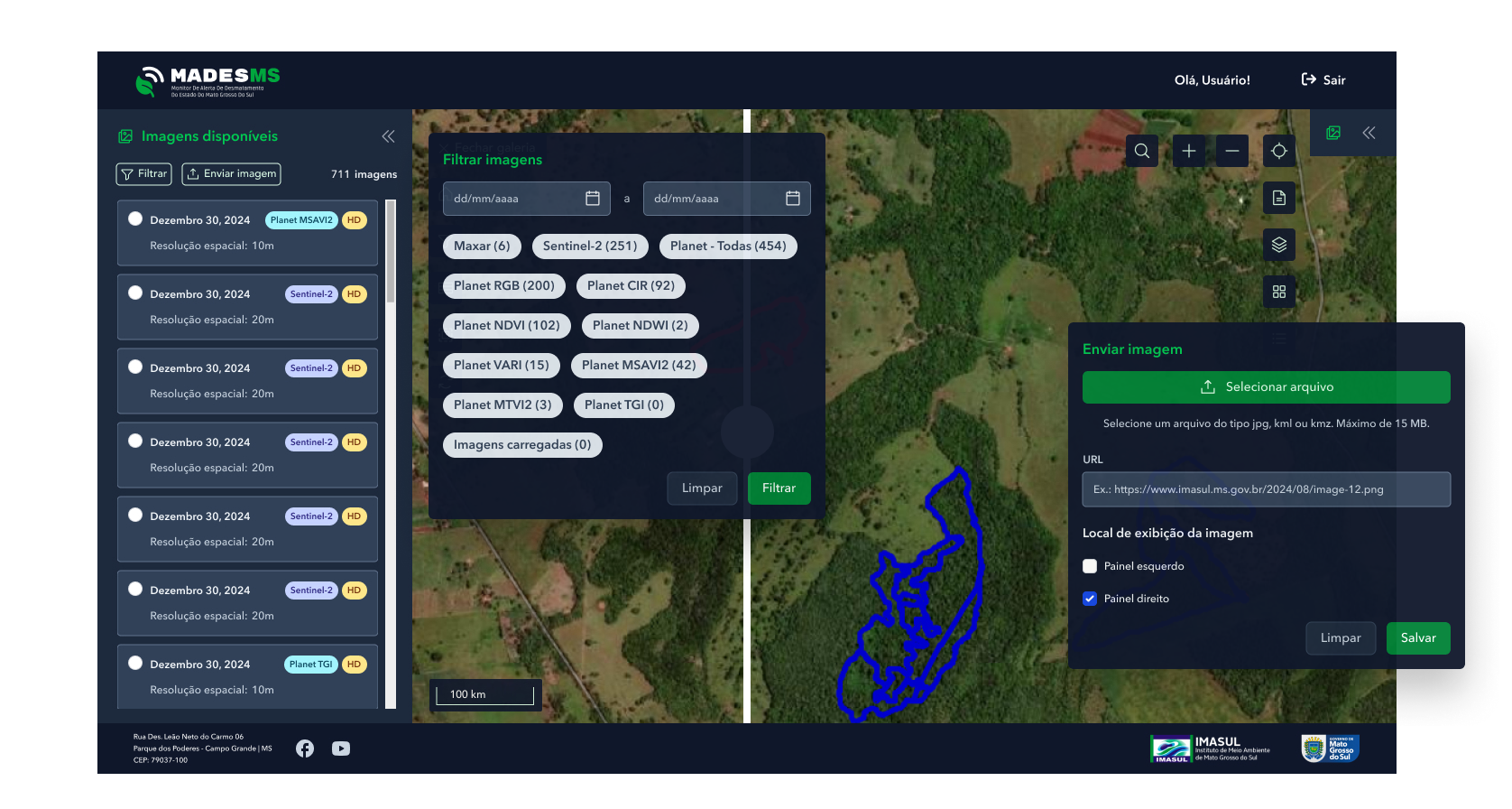 Gallery section of MADESMS. The screen is split in two by a central swipe tool, with each side showing a different satellite image of the same area. On the left, a 'Available Images' panel lists multiple satellite images. In the center, a 'Filter Images' pop-up allows filtering by date and satellite types. On the right, an 'Send image' panel allows users to upload images via file selection or URL, and choose to display them on the left or right panel.