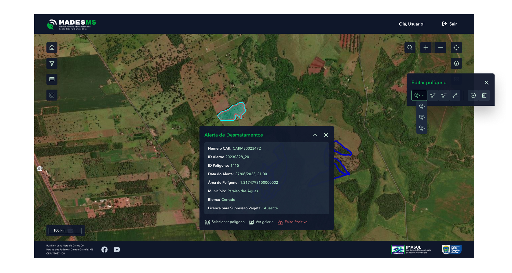 The MADESMS system shows a satellite view of a rural area with a small light blue polygon highlighted in the center. There is a pop-up window titled 'Alerta de Desmatamentos' (Deforestation Alert) showing specific data points for that polygon, including CAR Number, Alert ID, Date, Area, Municipality, and Biome. A sidebar titled 'Editar Polígono' (Edit Polygon) is also open on the right.
