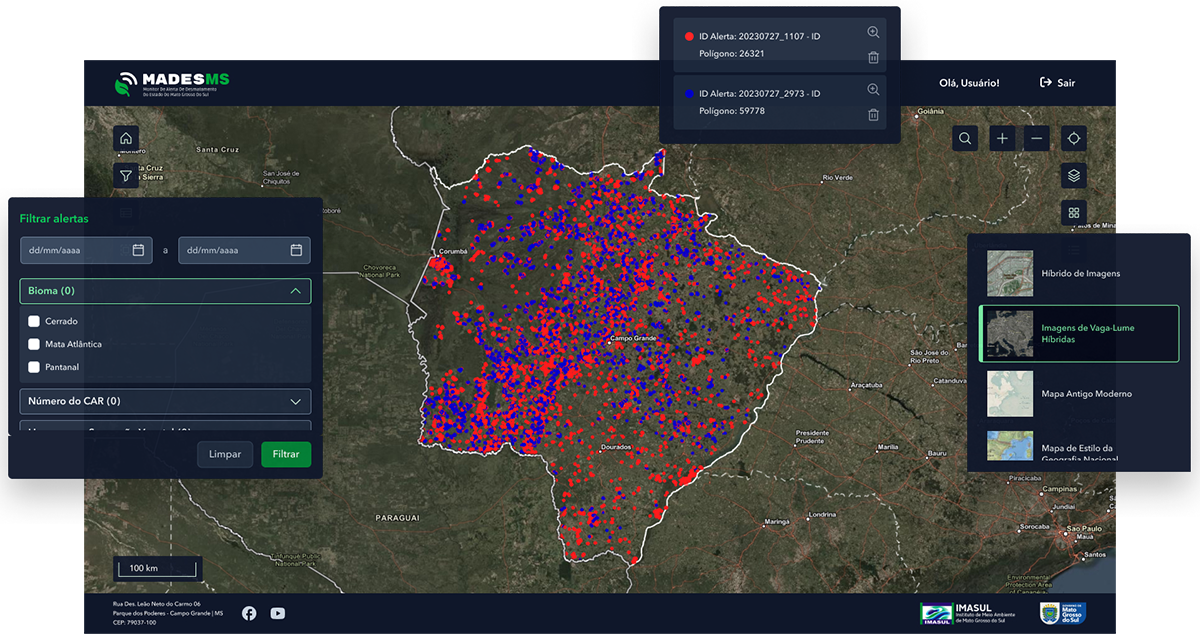Main screen of MADESMS with different active widgets: Alert Filter, Alert Selection and Basemap Selection