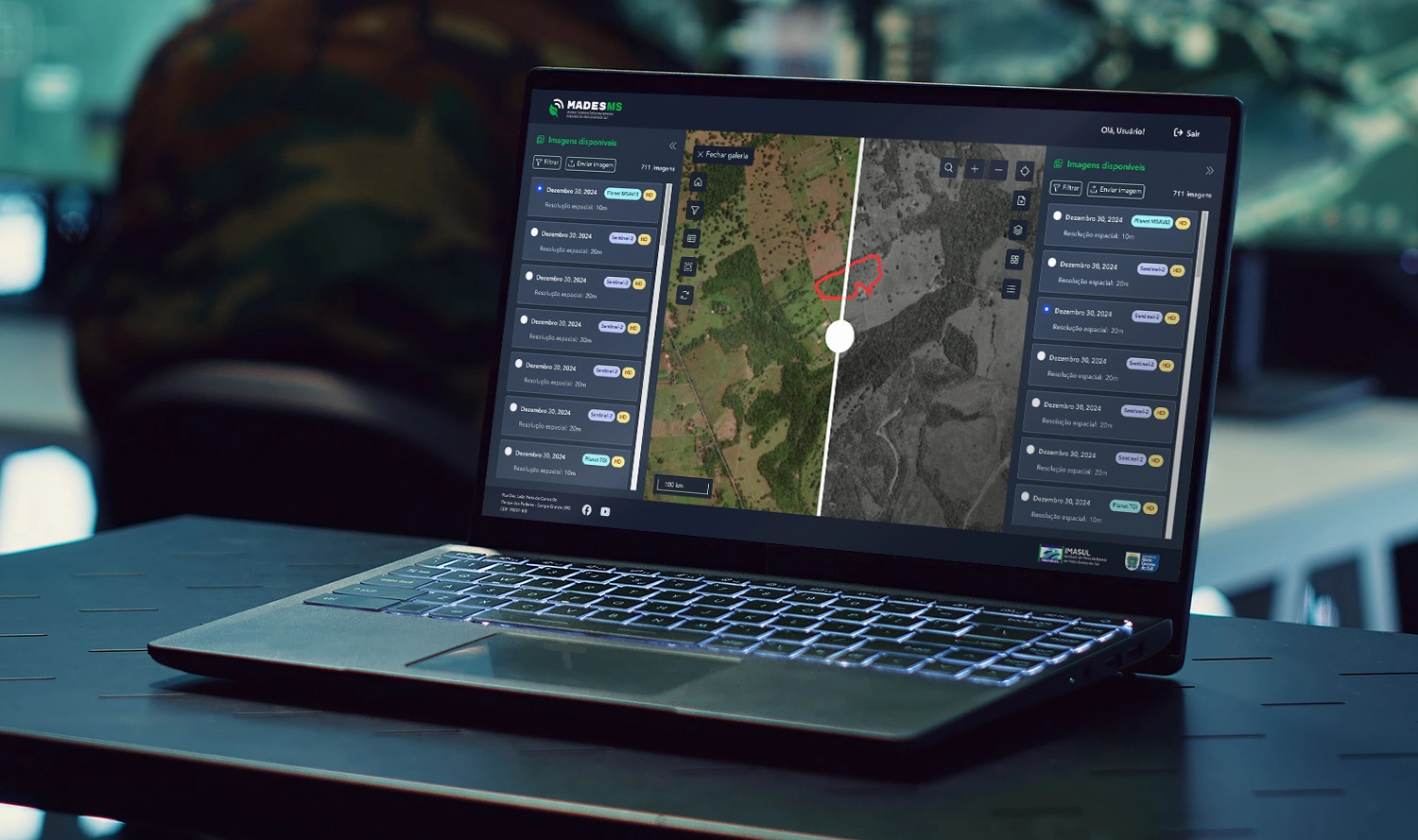 A notebook screen displays the Gallery section of MADESMS. The screen is split in two by a swipe tool in the middle, with each side showing a different satellite image of the same area. A separate image panel allows the user to change the picture displayed.
