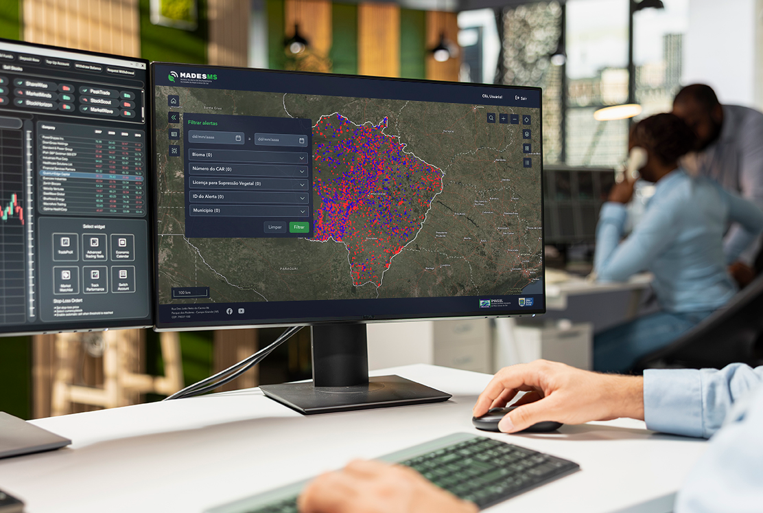 Desktop computer showing the main screen of MADESMS system. The display is centered on the state of Mato Grosso do Sul, which contains a large number of small red and blue dots. Each dot represents a rural property polygon. The Filter widget is active, showing its options.