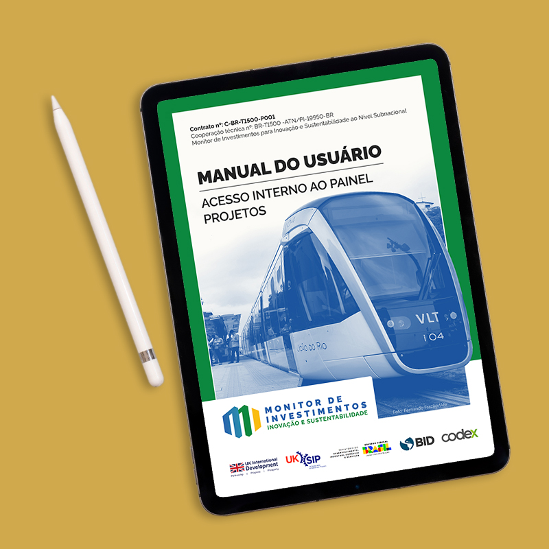 A digital tablet displaying the User Manual of 'Monitor de Investimentos'. The cover features a photograph of a VLT (light rail vehicle) in Rio de Janeiro. The document includes logos for multiple organizations, including UKSIP, BID, and Codex.