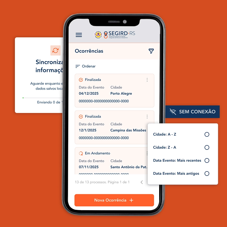 Mobile app screen with a gray header and the 'SEGIRD' logo, showing a list of occurrences, filter options and a 'New Occurrence' button.
