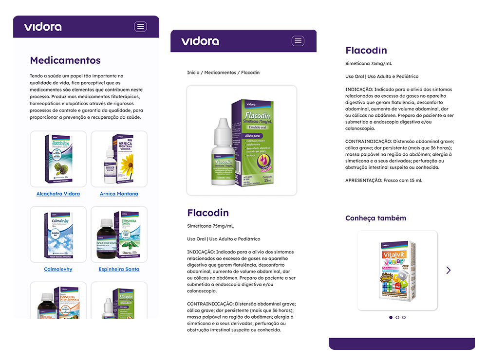 Three sequential mobile screens from the Vidora website are displayed side-by-side, all using a purple and white color scheme. The left screen shows the main 'Medicines' category page with an introductory text and images of six different Vidora products. The center screen shows the specific product page for Flacodin, featuring an image and the product name. The right screen continues the Flacodin product page, with detailed information and a 'See also' section.