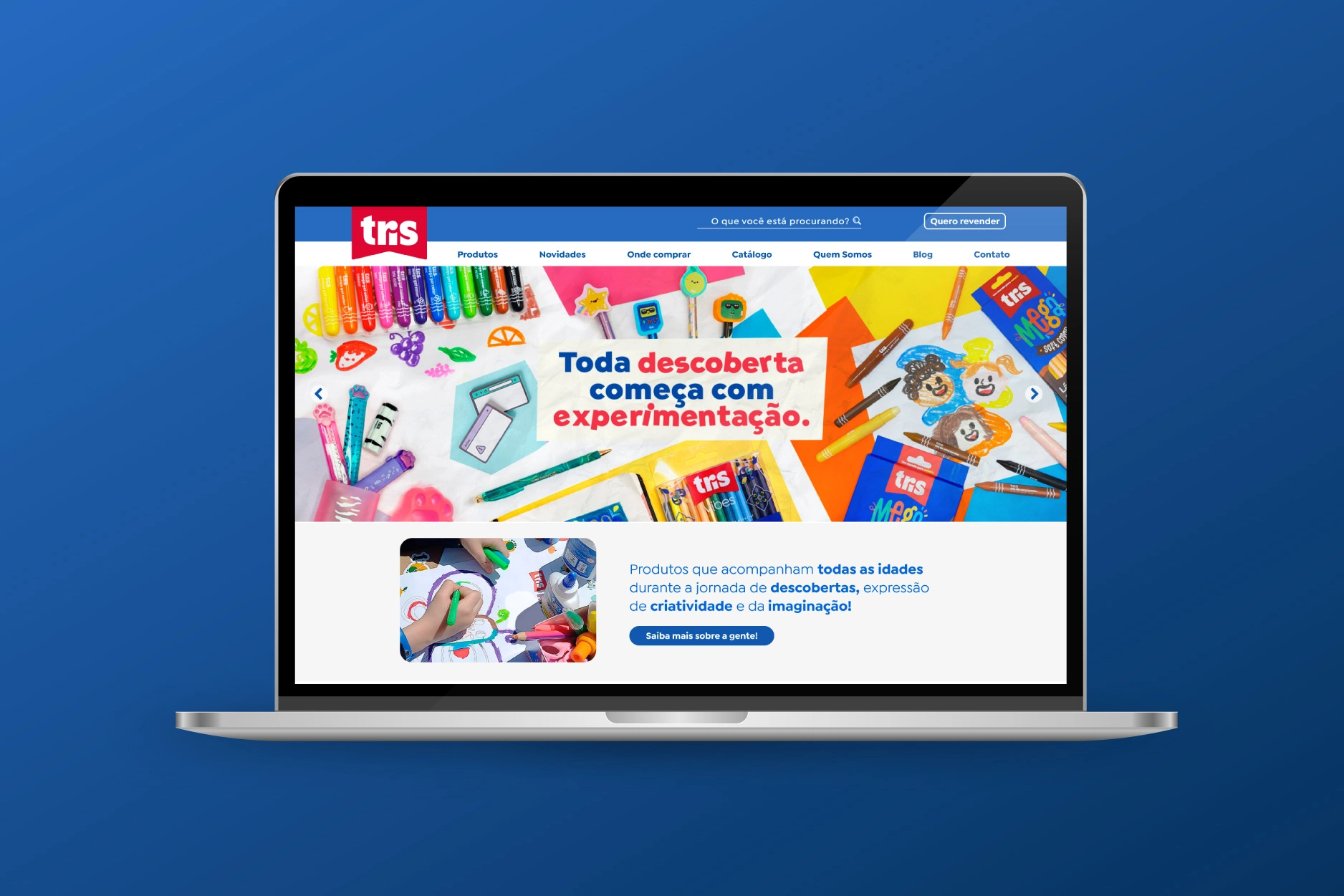 Notebook screen displaying the homepage of the Tris website, which uses a primary color palette dominated by red and blue. The main banner features a bright, colorful photo montage of crayons, markers, and other art supplies surrounding the central text: 'Every discovery begins with experimentation'.