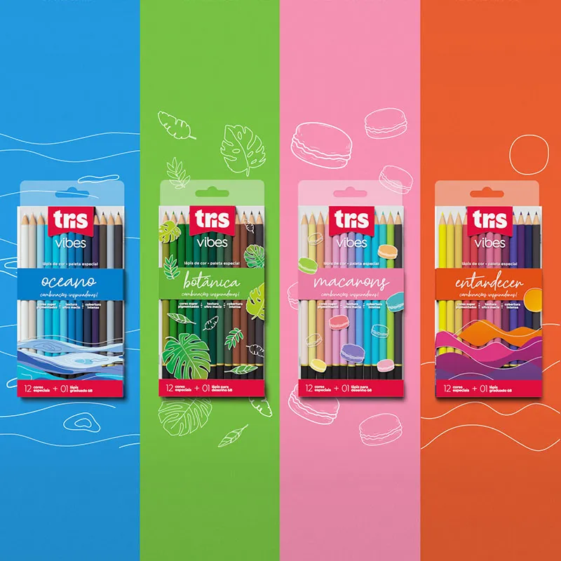 Four different packages of 'Tris Vibes' colored pencils palettes 'Ocean', 'Botanical', 'Macarons' and 'Sunset', each with a distinct color theme and background design.