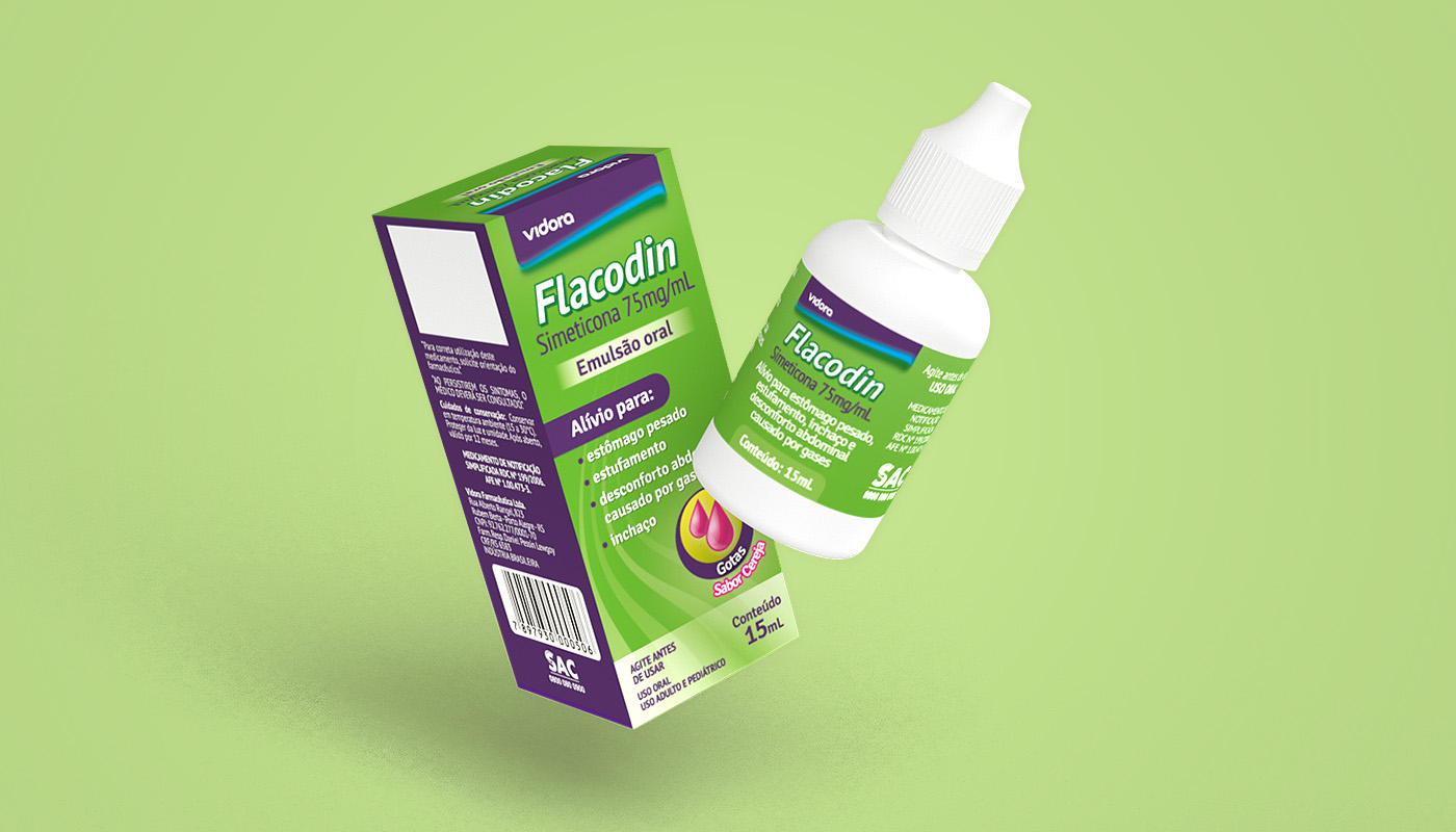 The pharmaceutical packaging is a small dropper bottle of liquid with a white cap on top. The label on the front of the bottle is green with white text that reads "Flacodin" in a bold font. On the left side of the bottle there is box with the same color scheme and brand, with more information about the product, including its ingredients and instructions for use. Both packaging are floating on a scene with light green background.