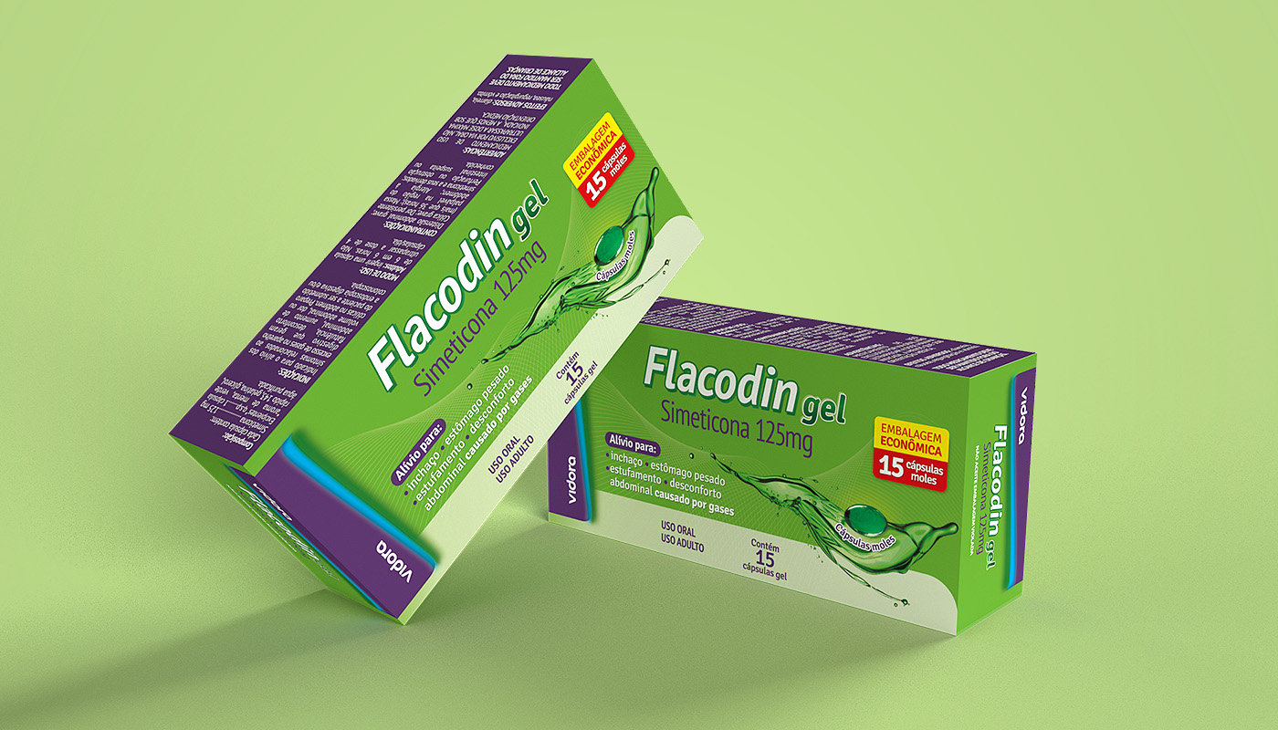 Two rectangular boxes with green and purple panels and a front panel that reads "Flacodin" in a white bold font.